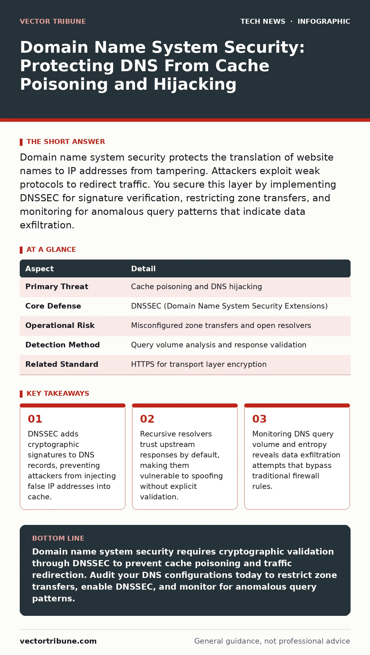 Infographic: Domain Name System Security: Protecting DNS From Cache Poisoning and Hijacking. DNSSEC adds cryptographic signatures to DNS records, preventing attackers from injecting false IP addresses into cache. Recursive resolvers trust upstream responses by default, making them vulnerable to spoo