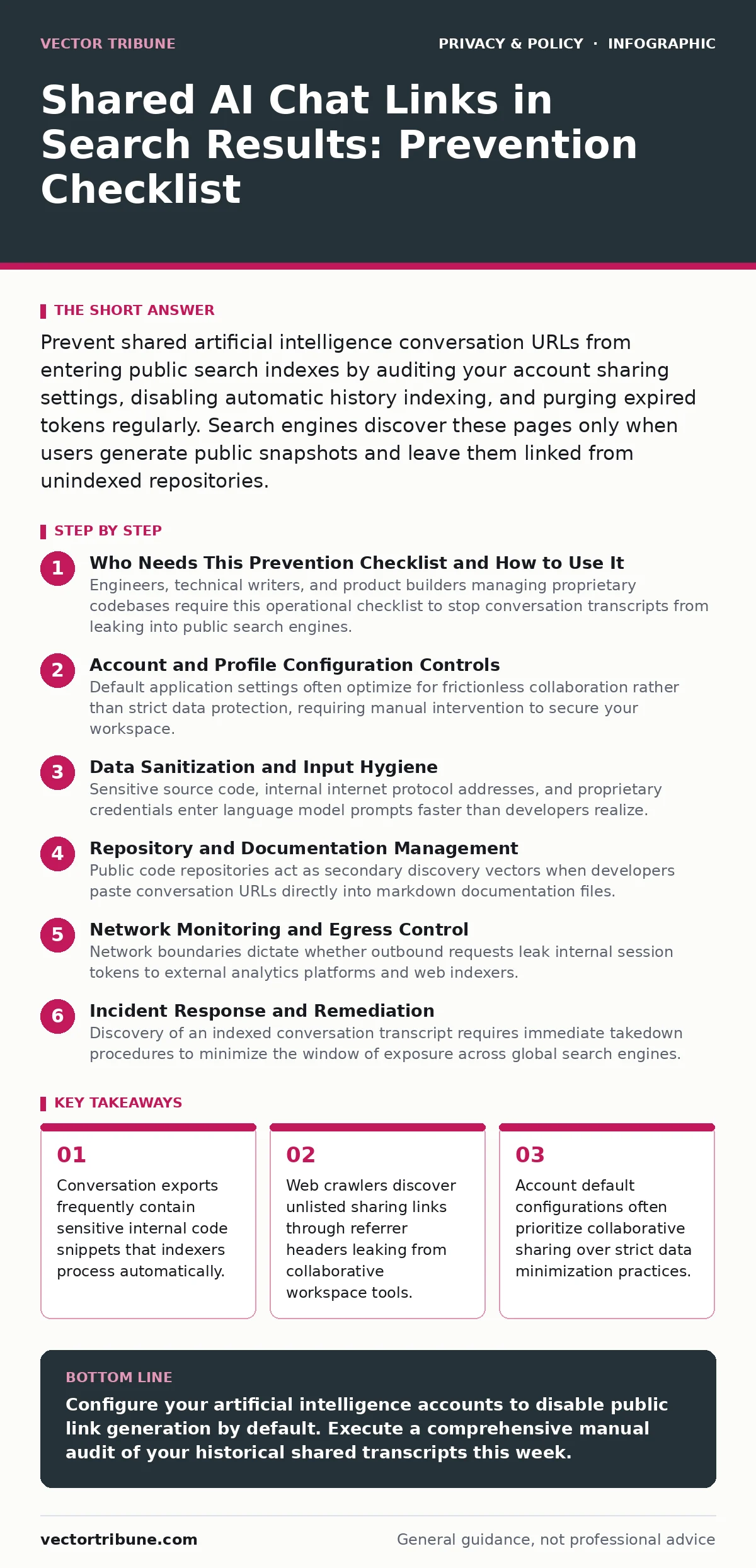 Infographic: Shared AI Chat Links in Search Results: Prevention Checklist. Conversation exports frequently contain sensitive internal code snippets that indexers process automatically. Web crawlers discover unlisted sharing links through referrer headers leaking from collaborative workspace tools. A