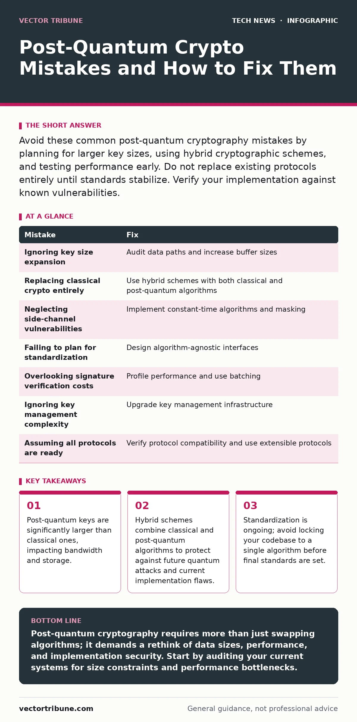 Infographic: Post-Quantum Crypto Mistakes and How to Fix Them. Post-quantum keys are significantly larger than classical ones, impacting bandwidth and storage. Hybrid schemes combine classical and post-quantum algorithms to protect against future quantum attacks and current implementation flaws. Sta