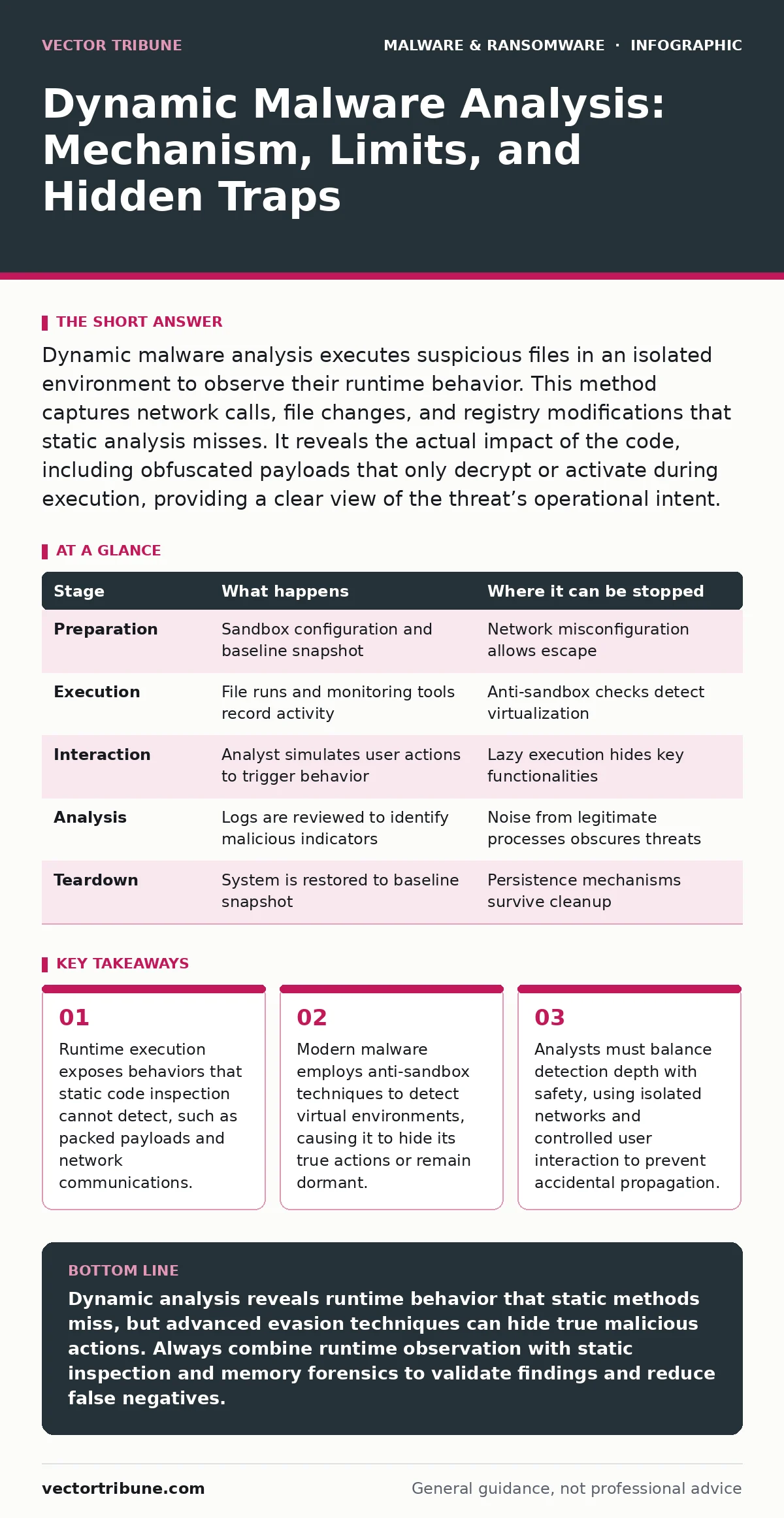 Infographic: Dynamic Malware Analysis: Mechanism, Limits, and Hidden Traps. Runtime execution exposes behaviors that static code inspection cannot detect, such as packed payloads and network communications. Modern malware employs anti-sandbox techniques to detect virtual environments, causing it to
