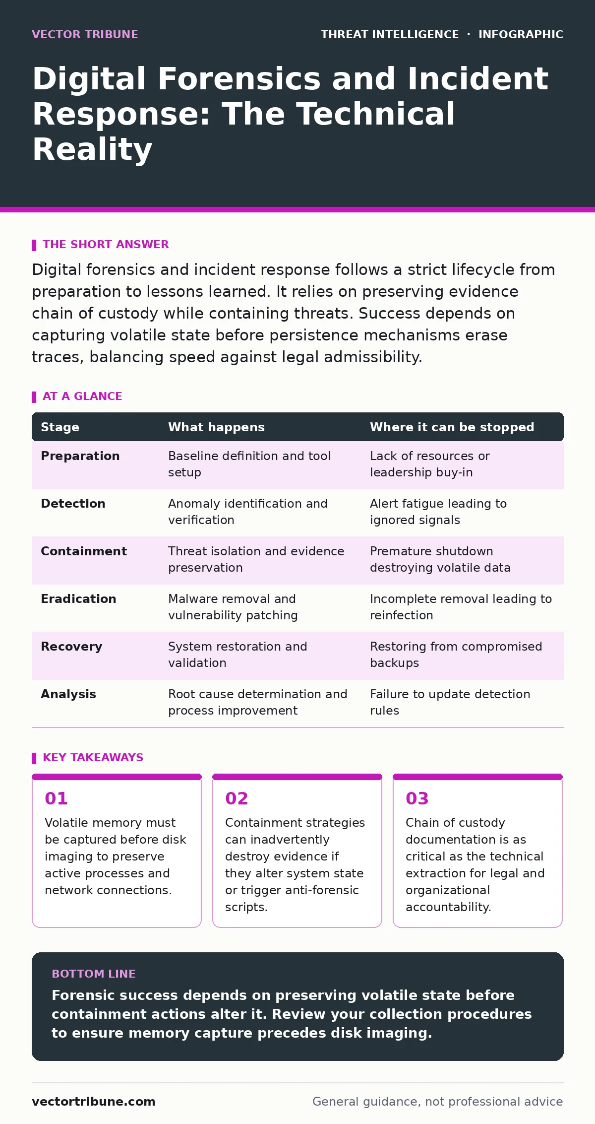 Infographic: Digital Forensics and Incident Response: The Technical Reality. Volatile memory must be captured before disk imaging to preserve active processes and network connections. Containment strategies can inadvertently destroy evidence if they alter system state or trigger anti-forensic script