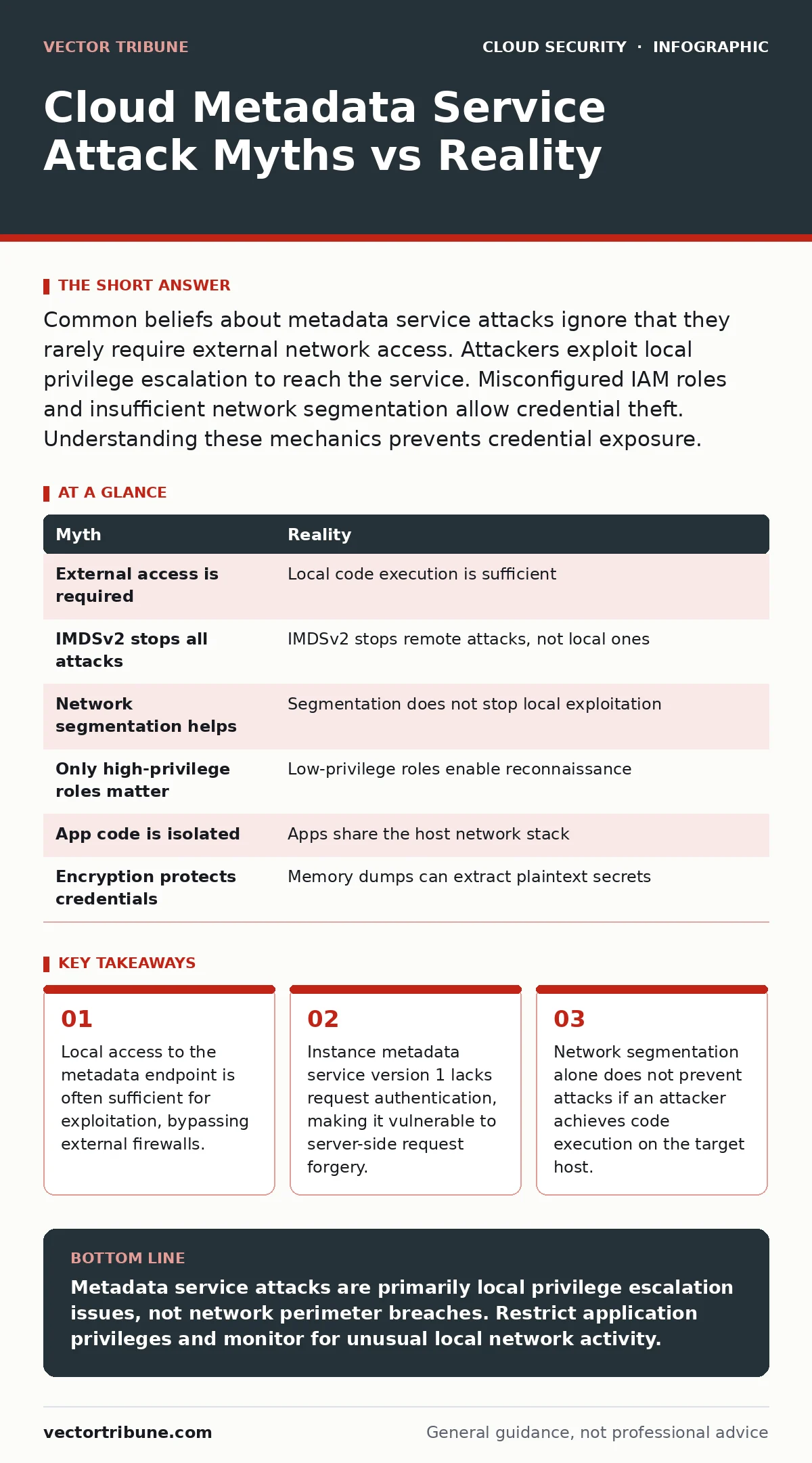 Infographic: Cloud Metadata Service Attack Myths vs Reality. Local access to the metadata endpoint is often sufficient for exploitation, bypassing external firewalls. Instance metadata service version 1 lacks request authentication, making it vulnerable to server-side request forgery. Network segmen