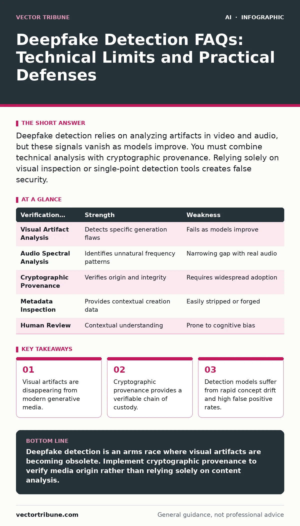 Infographic: Deepfake Detection FAQs: Technical Limits and Practical Defenses. Visual artifacts are disappearing from modern generative media. Cryptographic provenance provides a verifiable chain of custody. Detection models suffer from rapid concept drift and high false positive rates.