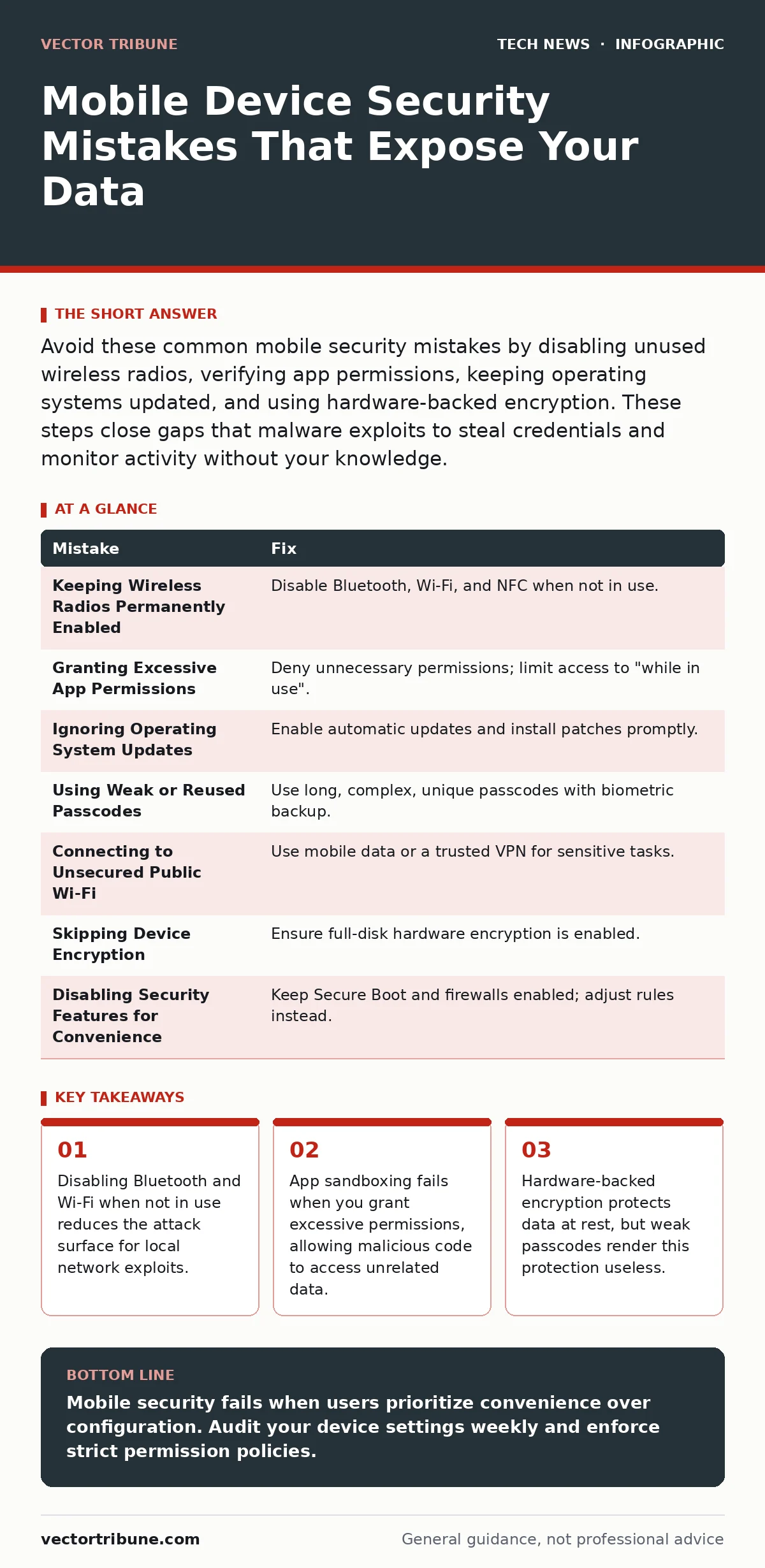 Infographic: Mobile Device Security Mistakes That Expose Your Data. Disabling Bluetooth and Wi-Fi when not in use reduces the attack surface for local network exploits. App sandboxing fails when you grant excessive permissions, allowing malicious code to access unrelated data. Hardware-backed encryp