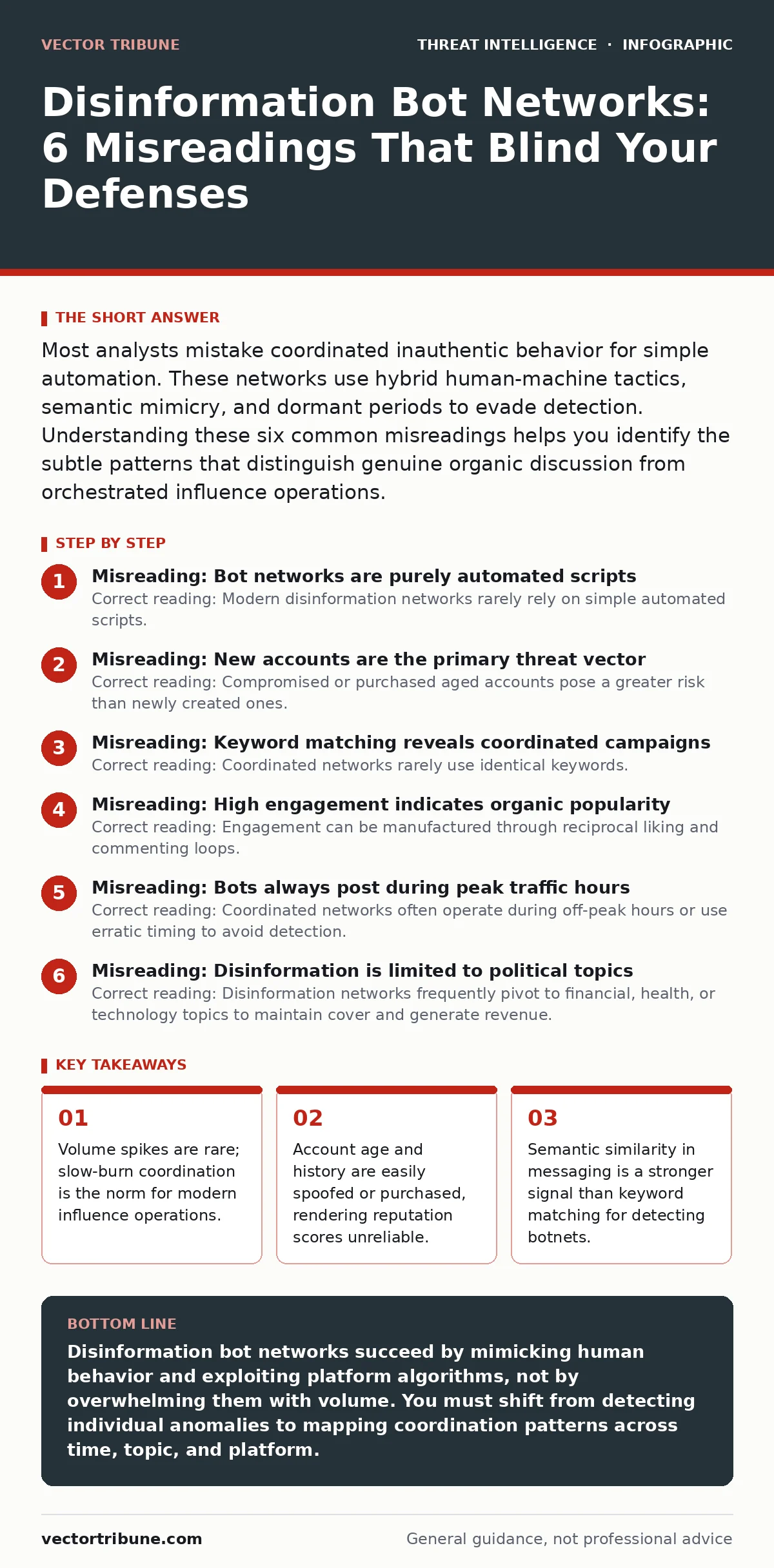 Infographic: Disinformation Bot Networks: 6 Misreadings That Blind Your Defenses. Volume spikes are rare; slow-burn coordination is the norm for modern influence operations. Account age and history are easily spoofed or purchased, rendering reputation scores unreliable. Semantic similarity in messag