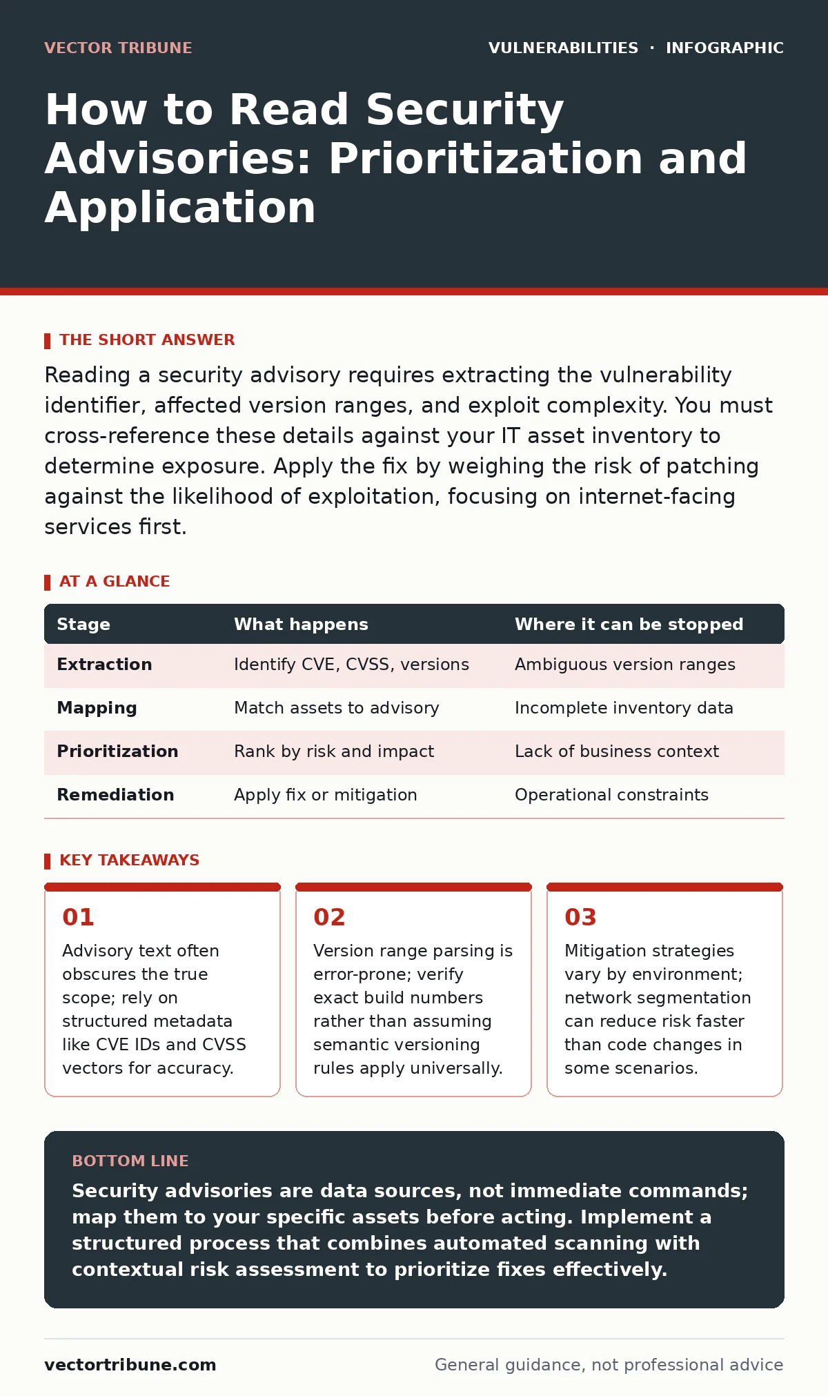 Infographic: How to Read Security Advisories: Prioritization and Application. Advisory text often obscures the true scope; rely on structured metadata like CVE IDs and CVSS vectors for accuracy. Version range parsing is error-prone; verify exact build numbers rather than assuming semantic versioning