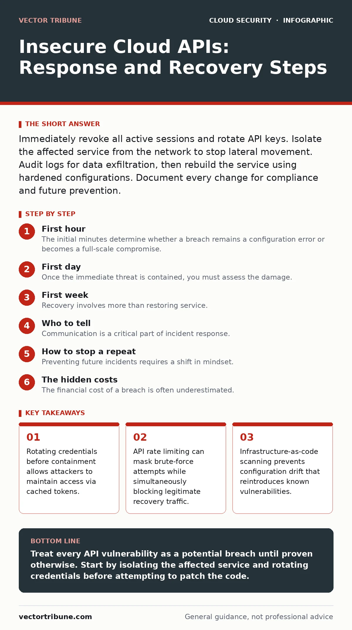 Infographic: Insecure Cloud APIs: Response and Recovery Steps. Rotating credentials before containment allows attackers to maintain access via cached tokens. API rate limiting can mask brute-force attempts while simultaneously blocking legitimate recovery traffic. Infrastructure-as-code scanning pre