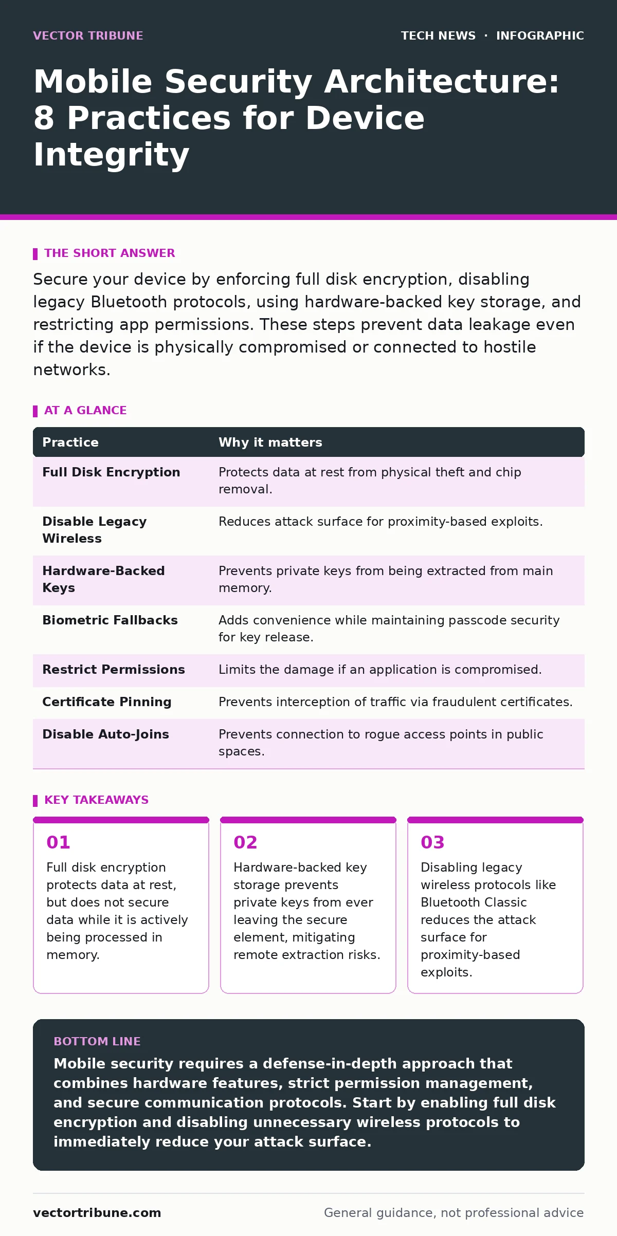Infographic: Mobile Security Architecture: 8 Practices for Device Integrity. Full disk encryption protects data at rest, but does not secure data while it is actively being processed in memory. Hardware-backed key storage prevents private keys from ever leaving the secure element, mitigating remote