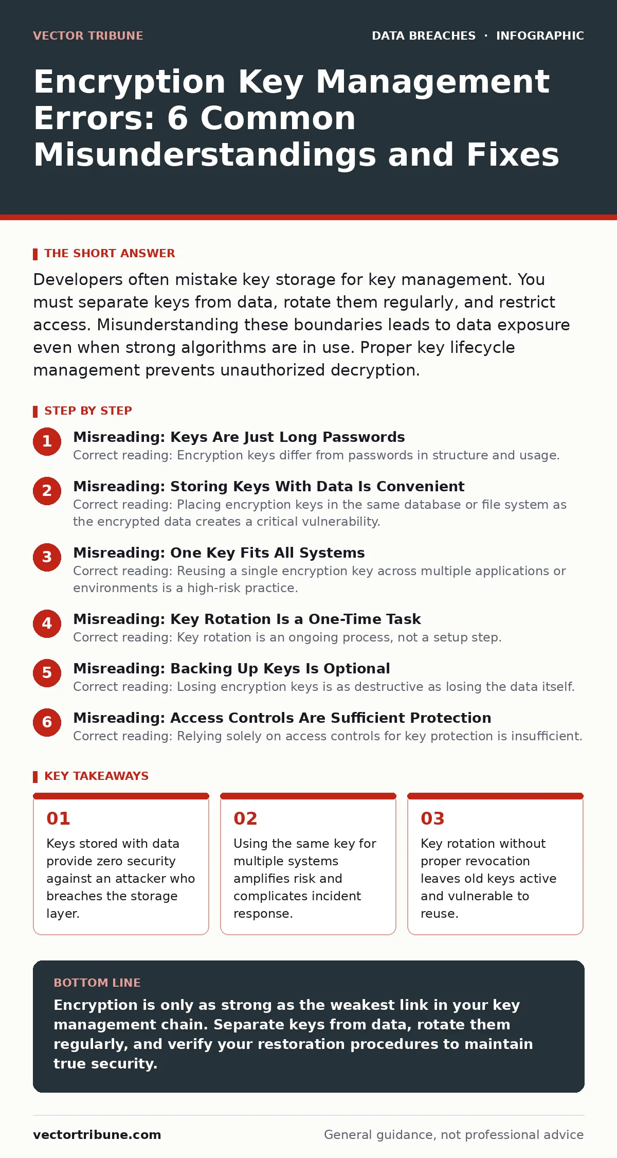 Infographic: Encryption Key Management Errors: 6 Common Misunderstandings and Fixes. Keys stored with data provide zero security against an attacker who breaches the storage layer. Using the same key for multiple systems amplifies risk and complicates incident response. Key rotation without proper r