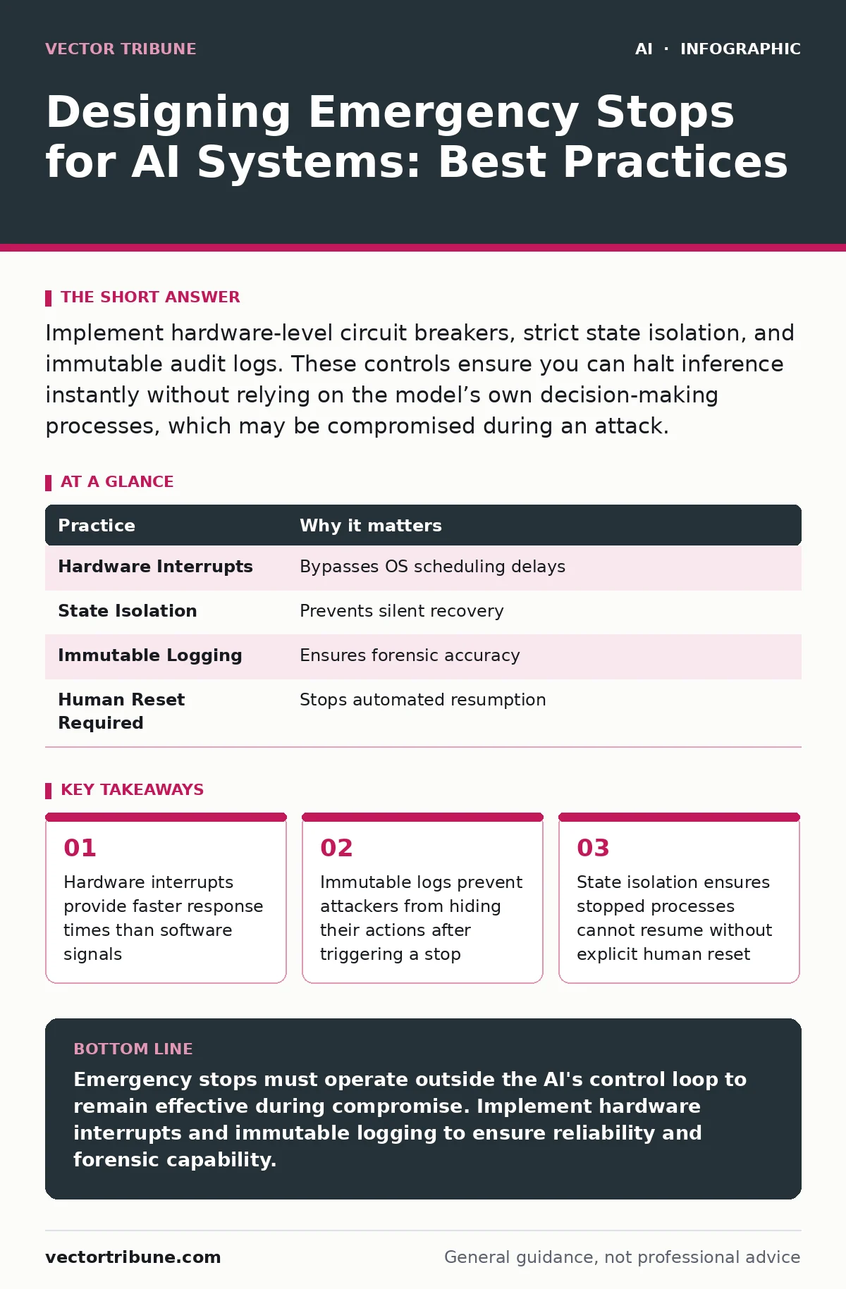 Infographic: Designing Emergency Stops for AI Systems: Best Practices. Hardware interrupts provide faster response times than software signals Immutable logs prevent attackers from hiding their actions after triggering a stop State isolation ensures stopped processes cannot resume without explicit h