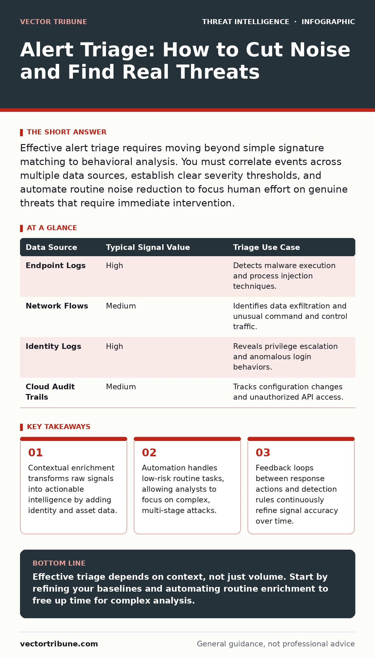 Infographic: Alert Triage: How to Cut Noise and Find Real Threats. Contextual enrichment transforms raw signals into actionable intelligence by adding identity and asset data. Automation handles low-risk routine tasks, allowing analysts to focus on complex, multi-stage attacks. Feedback loops betwee