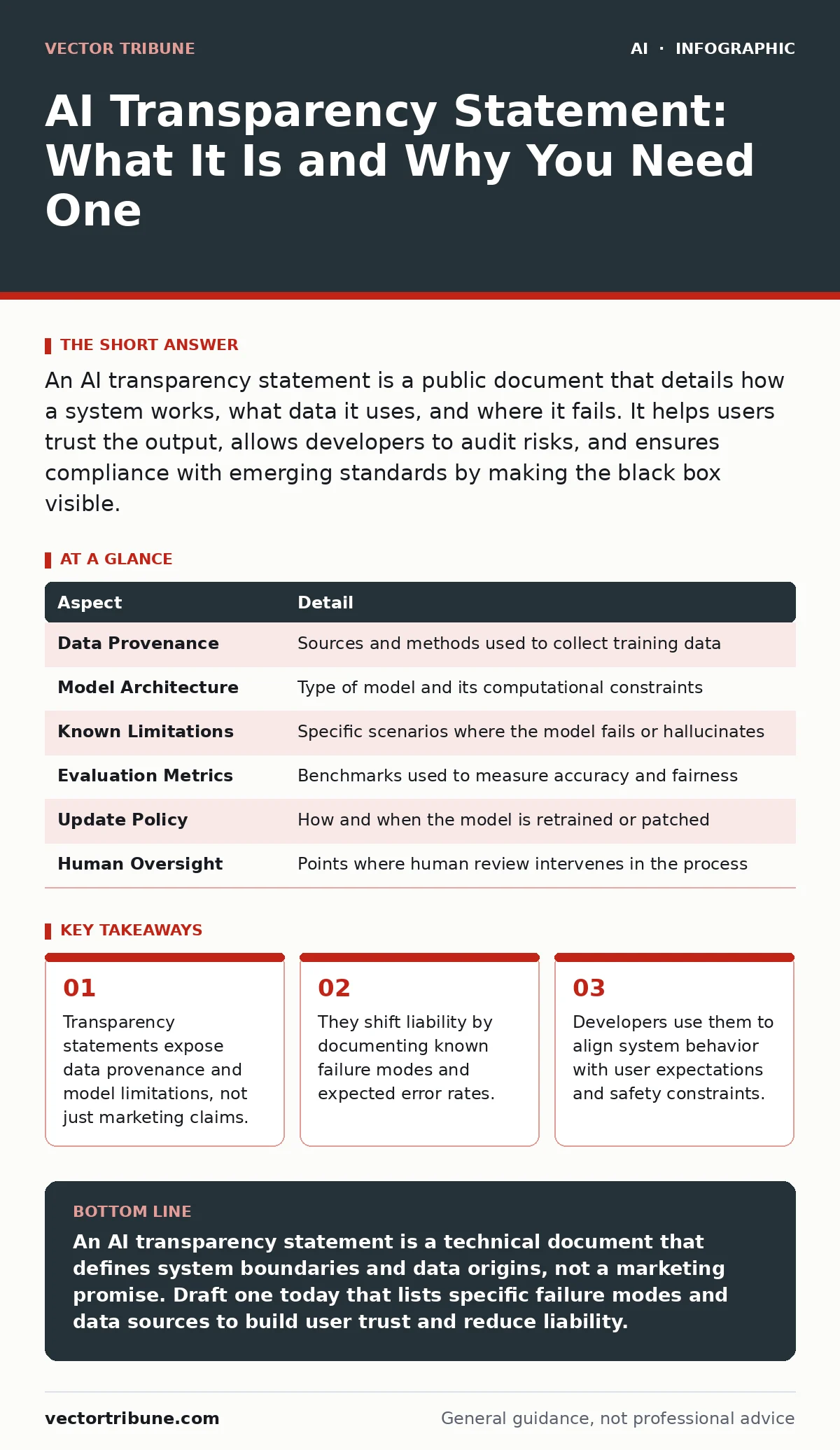 Infographic: AI Transparency Statement: What It Is and Why You Need One. Transparency statements expose data provenance and model limitations, not just marketing claims. They shift liability by documenting known failure modes and expected error rates. Developers use them to align system behavior wit