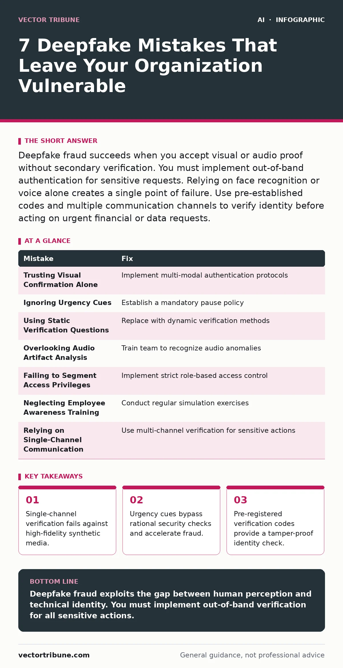Infographic: 7 Deepfake Mistakes That Leave Your Organization Vulnerable. Single-channel verification fails against high-fidelity synthetic media. Urgency cues bypass rational security checks and accelerate fraud. Pre-registered verification codes provide a tamper-proof identity check.
