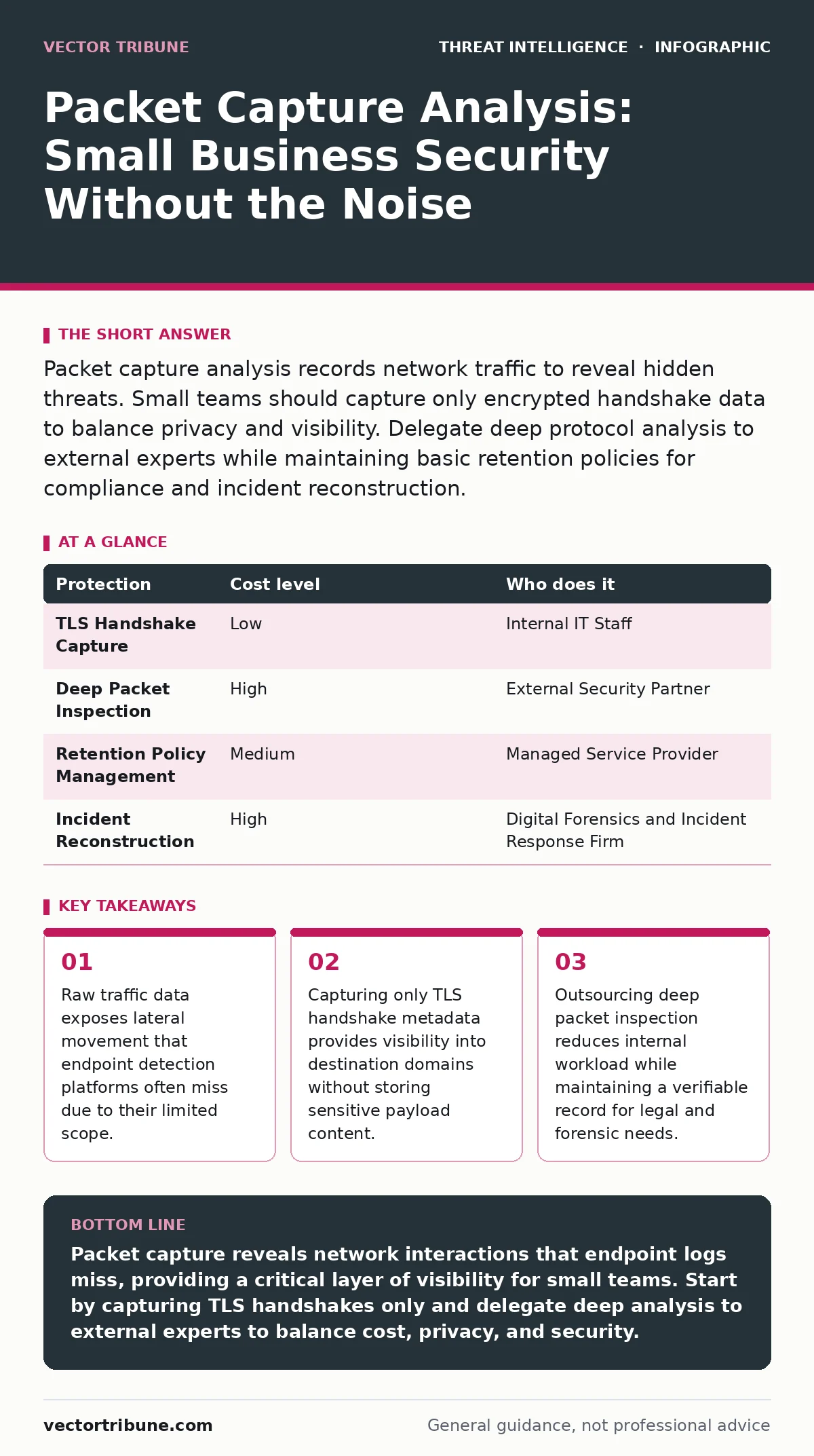 Infographic: Packet Capture Analysis: Small Business Security Without the Noise. Raw traffic data exposes lateral movement that endpoint detection platforms often miss due to their limited scope. Capturing only TLS handshake metadata provides visibility into destination domains without storing sensi
