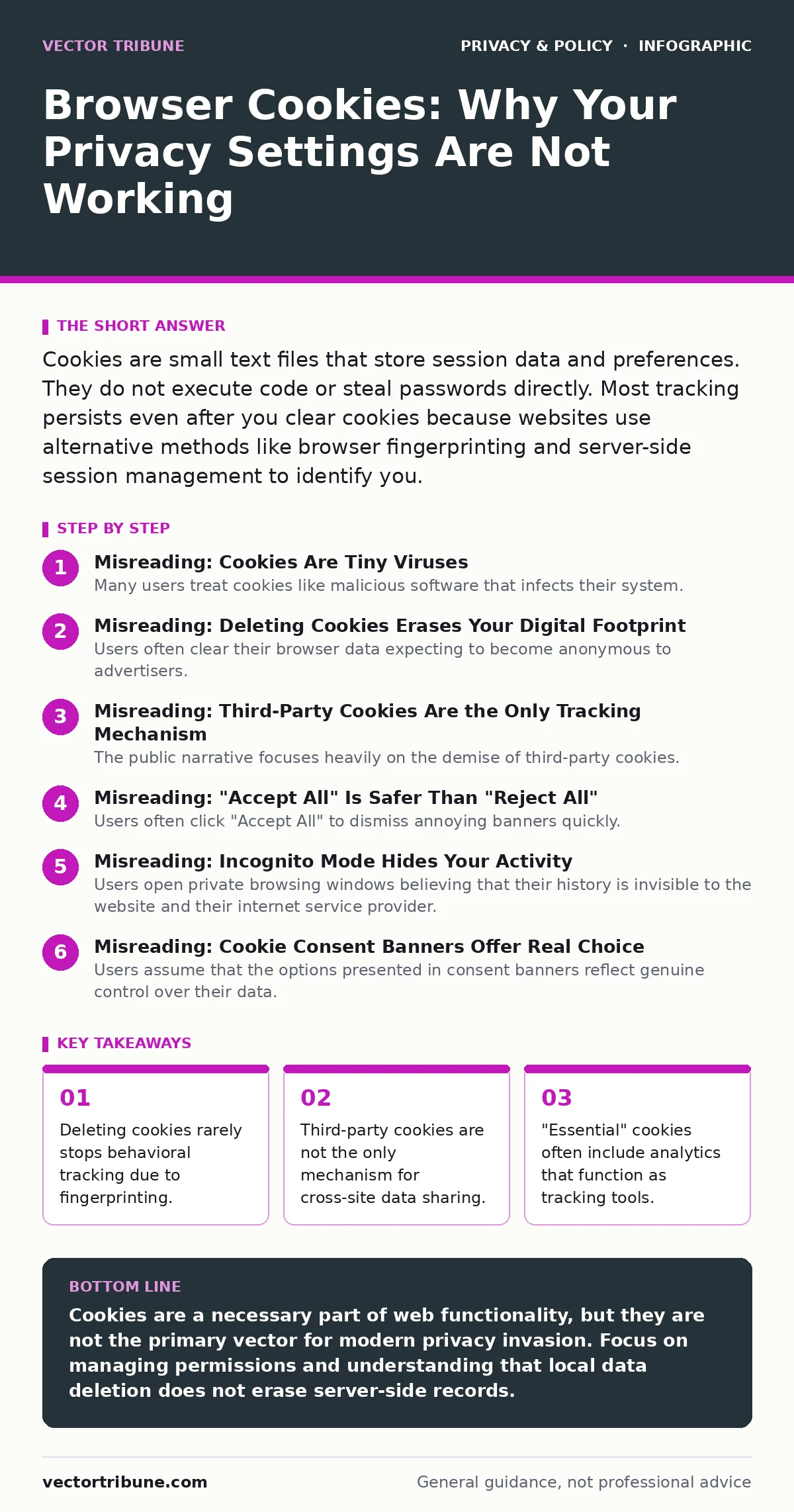 Infographic: Browser Cookies: Why Your Privacy Settings Are Not Working. Deleting cookies rarely stops behavioral tracking due to fingerprinting. Third-party cookies are not the only mechanism for cross-site data sharing. "Essential" cookies often include analytics that function as tracking tools. L