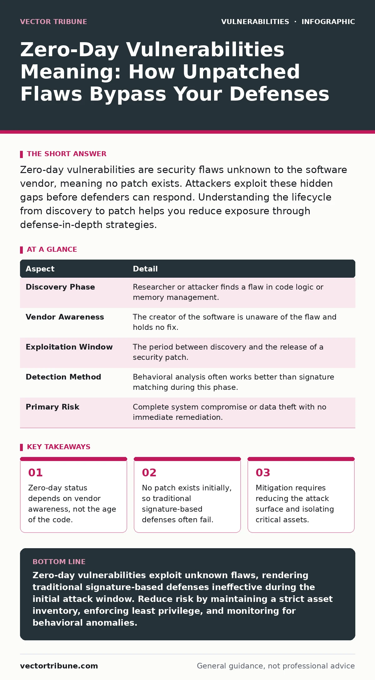 Infographic: Zero-Day Vulnerabilities Meaning: How Unpatched Flaws Bypass Your Defenses. Zero-day status depends on vendor awareness, not the age of the code. No patch exists initially, so traditional signature-based defenses often fail. Mitigation requires reducing the attack surface and isolating