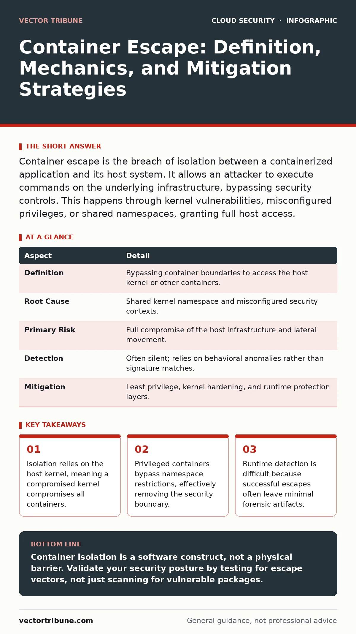 Infographic: Container Escape: Definition, Mechanics, and Mitigation Strategies. Isolation relies on the host kernel, meaning a compromised kernel compromises all containers. Privileged containers bypass namespace restrictions, effectively removing the security boundary. Runtime detection is difficu