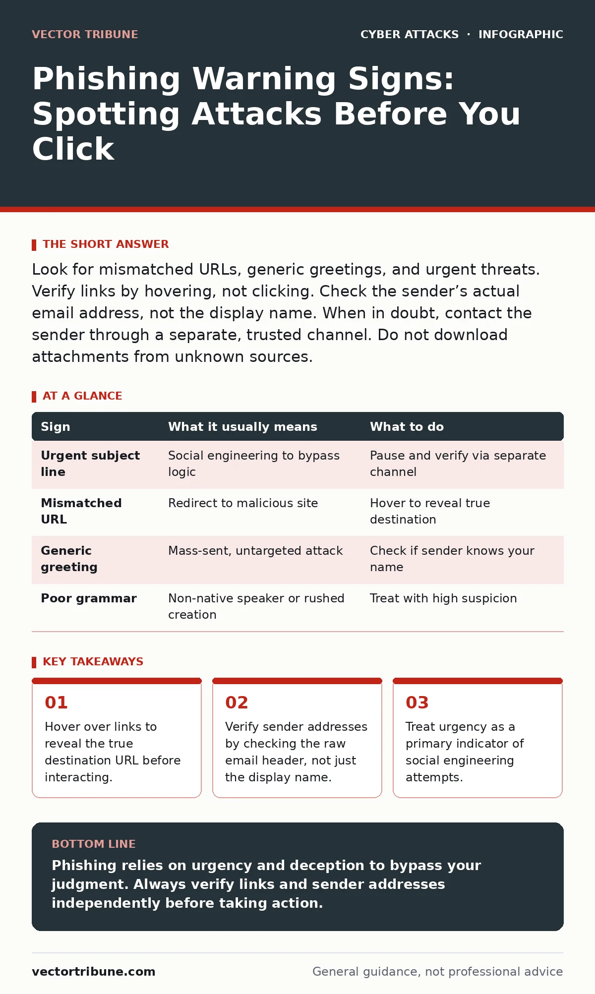 Infographic: Phishing Warning Signs: Spotting Attacks Before You Click. Hover over links to reveal the true destination URL before interacting. Verify sender addresses by checking the raw email header, not just the display name. Treat urgency as a primary indicator of social engineering attempts.