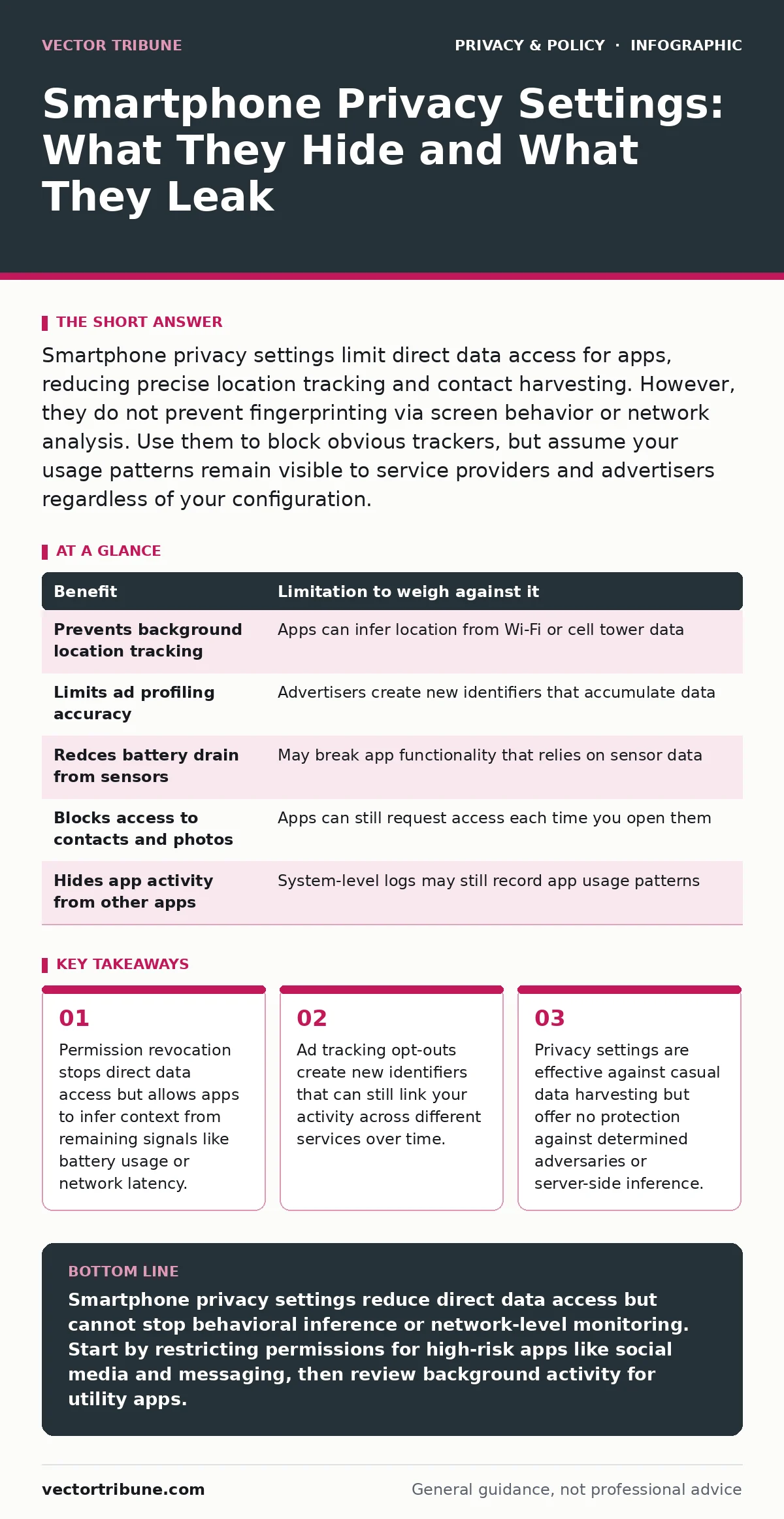Infographic: Smartphone Privacy Settings: What They Hide and What They Leak. Permission revocation stops direct data access but allows apps to infer context from remaining signals like battery usage or network latency. Ad tracking opt-outs create new identifiers that can still link your activity acr