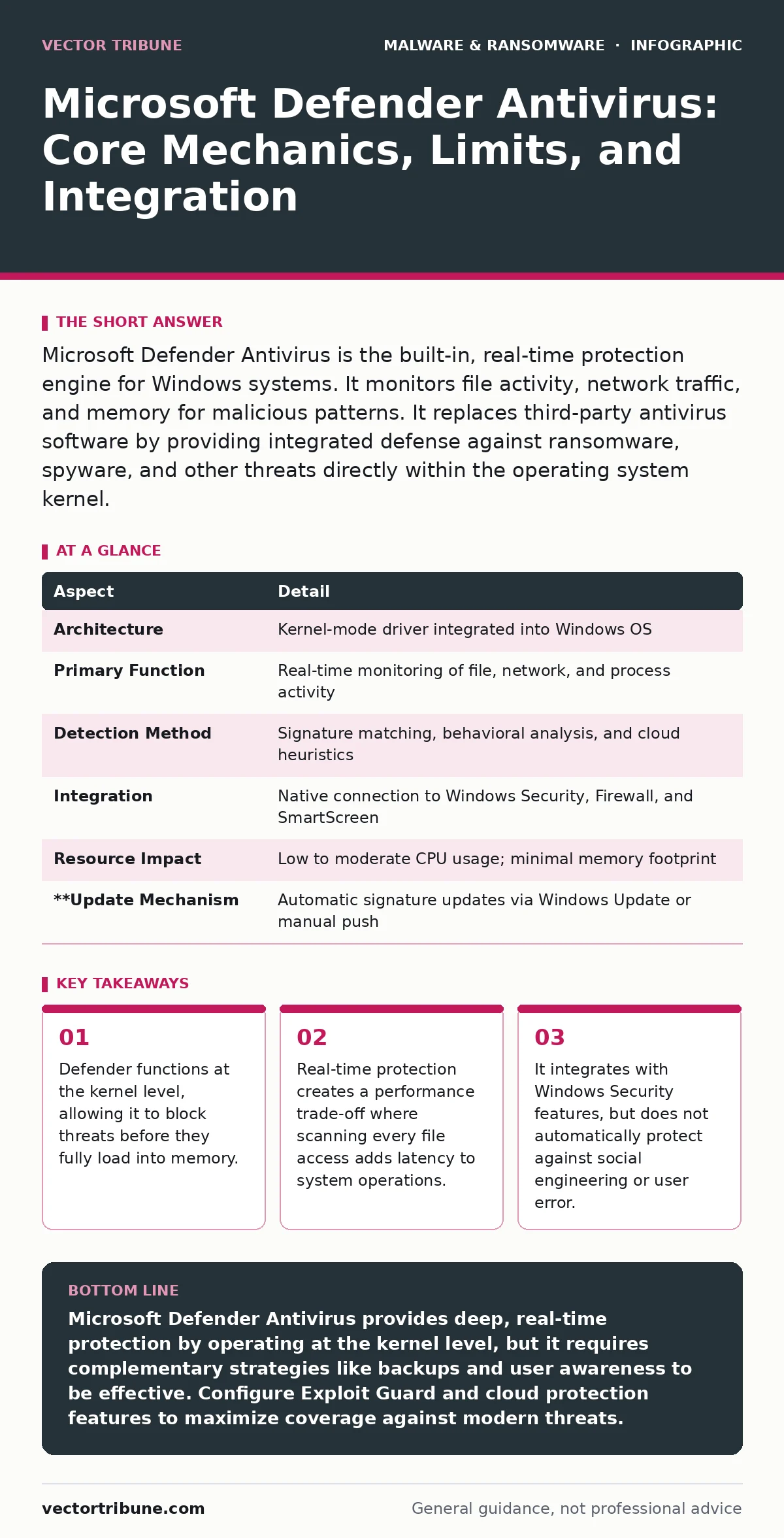 Infographic: Microsoft Defender Antivirus: Core Mechanics, Limits, and Integration. Defender functions at the kernel level, allowing it to block threats before they fully load into memory. Real-time protection creates a performance trade-off where scanning every file access adds latency to system op