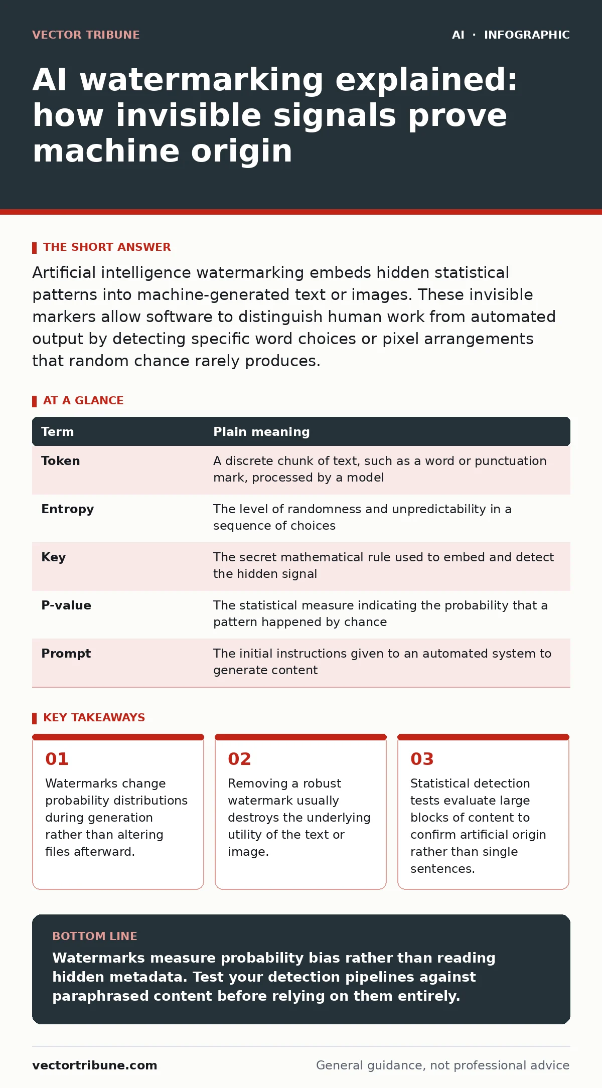 Infographic: AI watermarking explained: how invisible signals prove machine origin. Watermarks change probability distributions during generation rather than altering files afterward. Removing a robust watermark usually destroys the underlying utility of the text or image. Statistical detection test