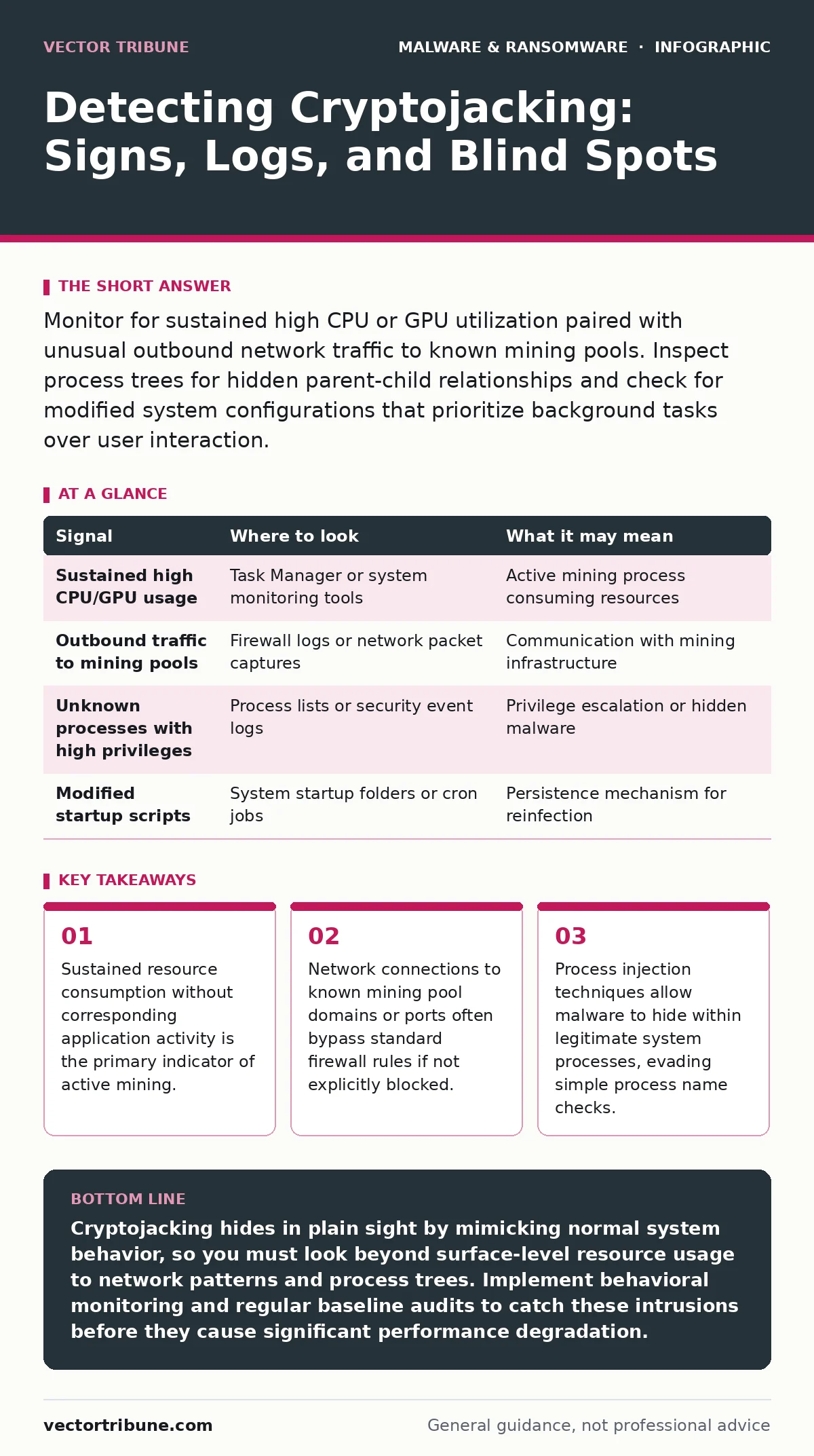 Infographic: Detecting Cryptojacking: Signs, Logs, and Blind Spots. Sustained resource consumption without corresponding application activity is the primary indicator of active mining. Network connections to known mining pool domains or ports often bypass standard firewall rules if not explicitly bl