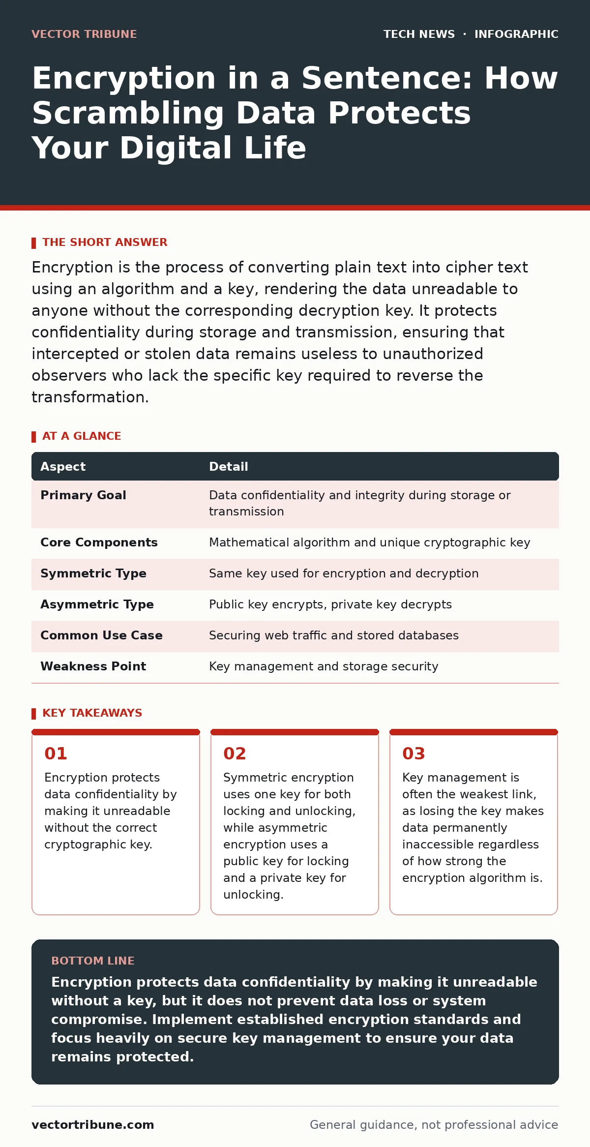 Infographic: Encryption in a Sentence: How Scrambling Data Protects Your Digital Life. Encryption protects data confidentiality by making it unreadable without the correct cryptographic key. Symmetric encryption uses one key for both locking and unlocking, while asymmetric encryption uses a public k