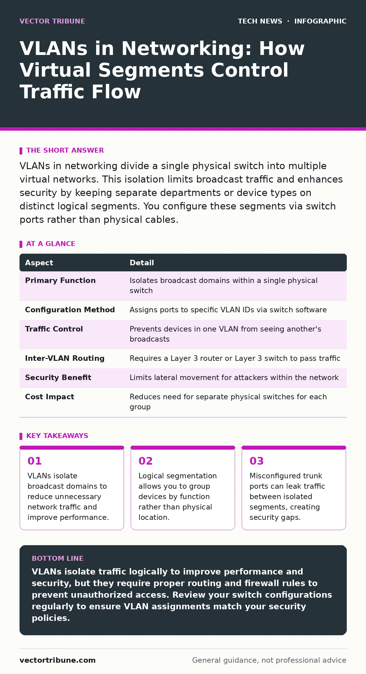 Infographic: VLANs in Networking: How Virtual Segments Control Traffic Flow. VLANs isolate broadcast domains to reduce unnecessary network traffic and improve performance. Logical segmentation allows you to group devices by function rather than physical location. Misconfigured trunk ports can leak t